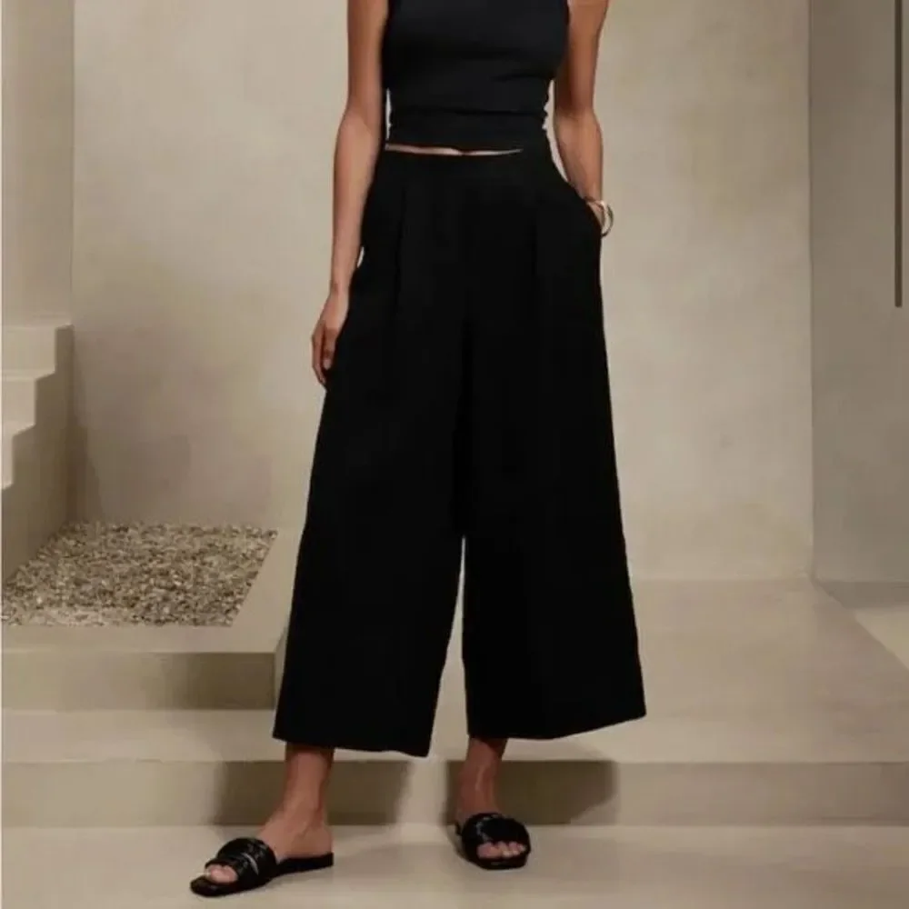 ✨BANANA REPUBLIC BLACK LINEN-BLEND CROPPED WIDE-LEG PANTS ✨